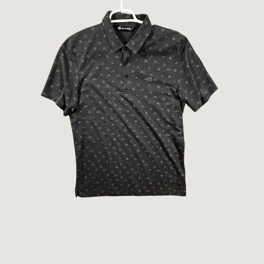 TravisMathew Mens Large Black Golf Polo Shirt Printed Cotton Blend Short Sleeve